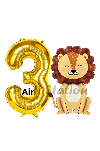Parti Station مجموعة بالونات أسد لعمر 3 سنوات - مفهوم سفاري، بالون ذهبي اللون
