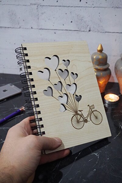 markcat Wooden Notebook - Bicycle, Balloon Pattern, Unlined, A5 Spiral, Gift High School