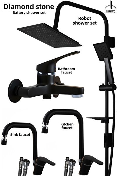 tesitay حوض أسود للحمام، صنبور المطبخ والدش الآلي، مجموعة الحمام السوداء، صنبور الحنفية، دش Irmak
