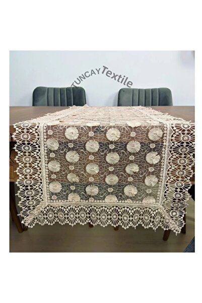 TUNCAY TEKSTİL Daisy Pattern Laced Polyester Runner Ranir Coffee Table Tablecloth French Guipure Cover Brown