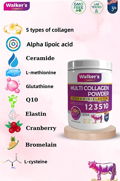 Walker's Vitamins Walker`S Double Hydrolyzed Collagen with 100% Pure and Natural Ceramide, Elastin, Cranberry, Collagen