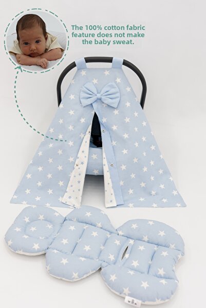 mordesign Blue Orthopedic Stroller Cushion - Double Sided Star Pattern, Waist Support Cover and Sheet Set of 3