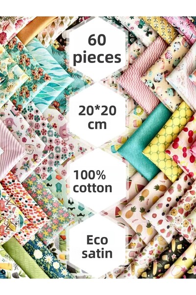 FabricMarket 100% Cotton Satin Fabric – 60 Pieces 20X20 Cm, Summer and Fruit Themed Patterns, for Patchwork