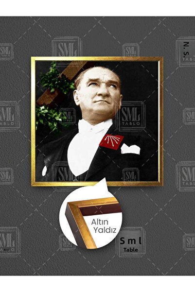 SML TABLO CT3031286 Mustafa Kemal Atatürk Chp Pictură pe pânză pătrată înrămată cu cadru turcesc nobil, cu guler roșu