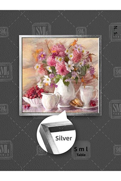 SML TABLO Set de ceai din porțelan alb, flori roz în interiorul vazei, pictură pătrată pe pânză înrămată