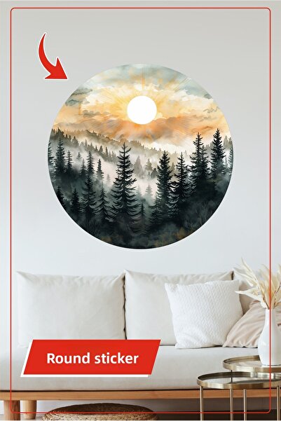 KOSS Dijital Στρογγυλό αυτοκόλλητο ομιχλώδους δάσους Ηλιόλουστο τοπίο σε στυλ...