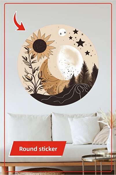 KOSS Dijital Στρογγυλό αυτοκόλλητο με θέμα το φεγγάρι και τον ήλιο σε μπεζ κα...