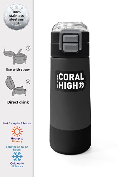 Coral High Kids Dark Gray Black Patterned Steel Thermos with Straw and Direct Drinking 500 ml 31824