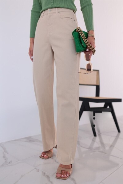 MAKRAS EXCLUSIVE A178907 Μπεζ τζιν ψηλόμεσο τζιν παντελόνι boyfriend με φαρδιά φτέρνα