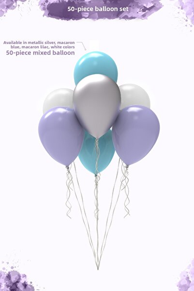 Hey Parti Frunzelo Elsa Themed Balloon Set 12 ", Metallic Silver, Blue and Lilac Macarons - 50 Pcs