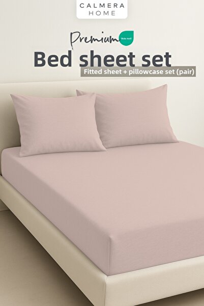 Calmera 100% Cotton Combed Elastic Fitted Sheet Set + 2 Pillowcases |   Double King Size - Powder