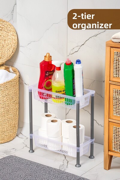 Porsima 5157 رف ذو طبقتين - منظم متعدد الأغراض ذو طبقتين يوضع تحت حوض المطبخ داخل الخزانة وتحت الطاولة