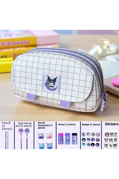 BABUN مجموعة مقلمة قماشية من كورومي مكونة من 8 قطع، حامل أقلام كبير وواسع من سانريو بقسمين، مربعات ونقشة مربعات