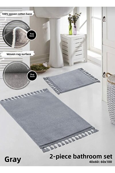 new colourse 2-Piece Pompom Fringed Soft Plush Bath Mat Set Gray 40X60Cm and 60X100Cm.