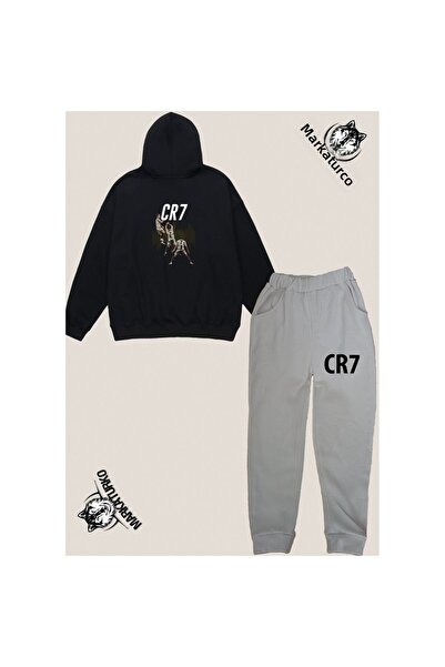 MarkaTurko Ronaldo Back Printed Unisex Special Design Βαμβακερό Μαύρο-γκρι Παιδικό Σετ Φόρμας 555-05