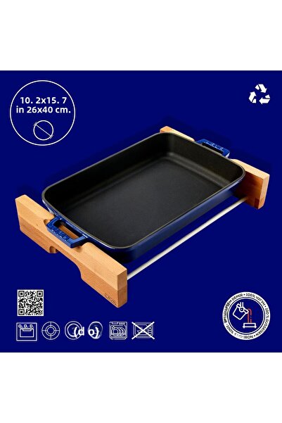Lava Cast Rectangular Rosto and Baking Tray Beech Serving Wood Cast Iron Solid Double Handle Size