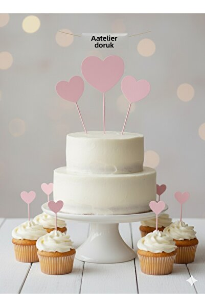 Atolye Doruk Pink Heart Cake Decoration Set-Heart Cupcake Picks-Pink Heart Cake Topper Birthday, Baby Shower