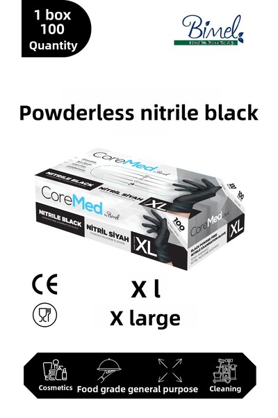 COREMED قفازات فحص من النتريل الأسود خالية من البودرة مقاس XL - عبوة واحدة تح...