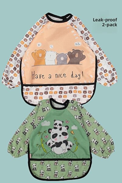 Babydonat مريلة طعام قابلة للارتداء بأكمام 0-2 سنة (رؤوس الدب - الباندا)