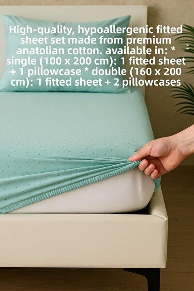 homewell 1St Quality Natural Anatolian Cotton Hypoallergenic Elastic Fitted Sheet Set Mint