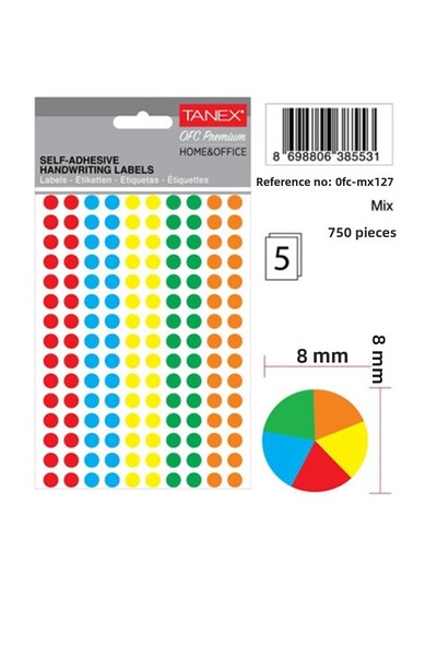 JokeyKırtasiye بطاقة مكتب متعددة الألوان مقاس 8 مم 5 ألوان (ملصق 750 نقطة)
