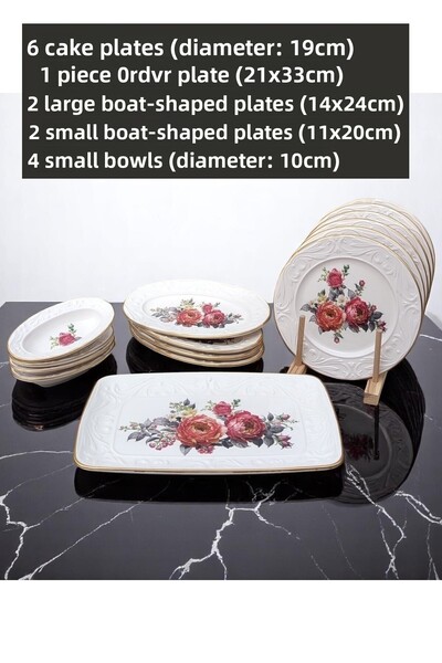 Pinkev 15 Piece Ceramic Breakfast Cake Serving Plate Set for 6 People - Red Floral