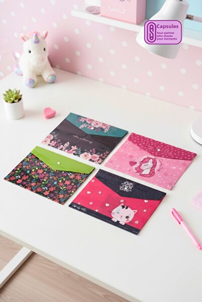 caps office 4 A4 Snap File Folders (Envelopes) for Girls – Unicorn, Lovely Kitten, Flower Garden, and Nature