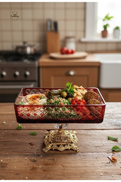 Akden Kristal Crystal Cut Ektrella Red Baton Presentation Glass Bowl