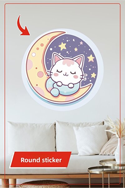 KOSS Dijital Autocolant rotund tematic pisică care dormă pe Lună, decor de pe...