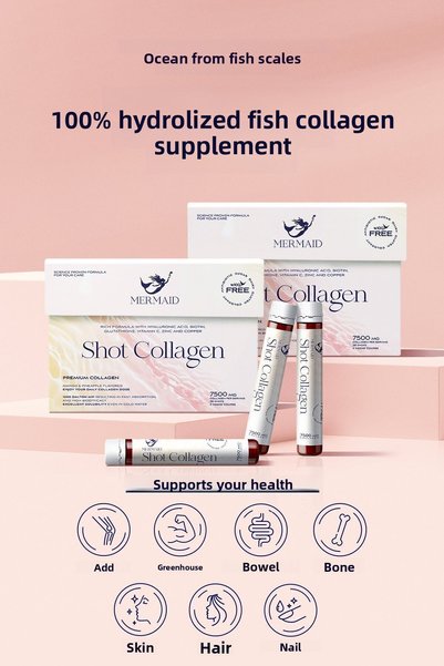 Mermaid Collagen Shot: Premium Liquid Fish Collagen, Contains Hyaluronic Acid, Biotin, Glutathione, Vitamins, Minerals. 4 Weeks