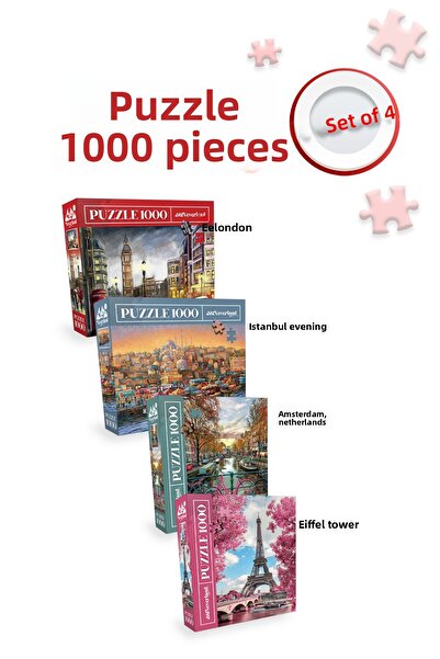 Neverland 4 Pieces 1000 Piece Puzzle - Eiffel / Istanbul Evening / London / Amsterdam