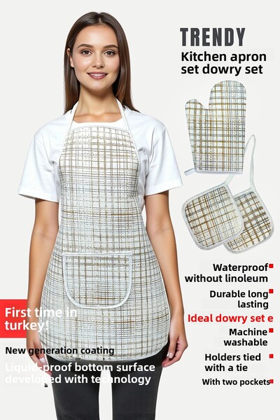 sevilya Trendy Set of 3 Liquid Waterproof Kitchen Apron, Heat Resistant Oven Mitts and Holder Dowry Set