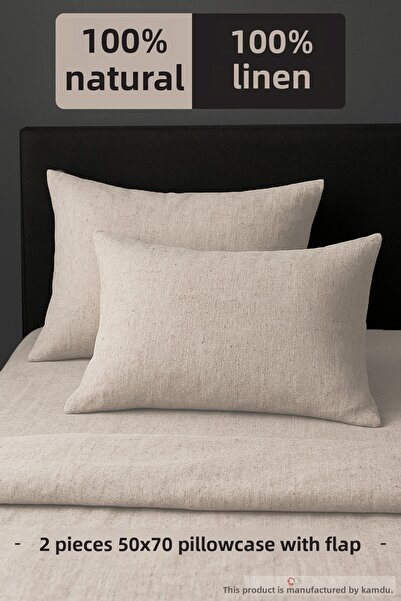Kamdu 2 Pieces of 100% Raw Linen Cotton Cover Pillow Case, Organic Pillow Case, Elegant Pillow Case