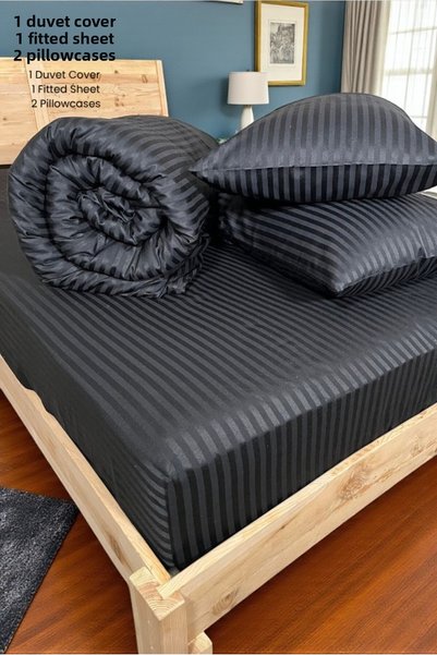 VESSİNOHOME 100% Cotton Satin Striped Duvet Cover Set with Double Elastic Sheets (200X220 Duvet Cover)