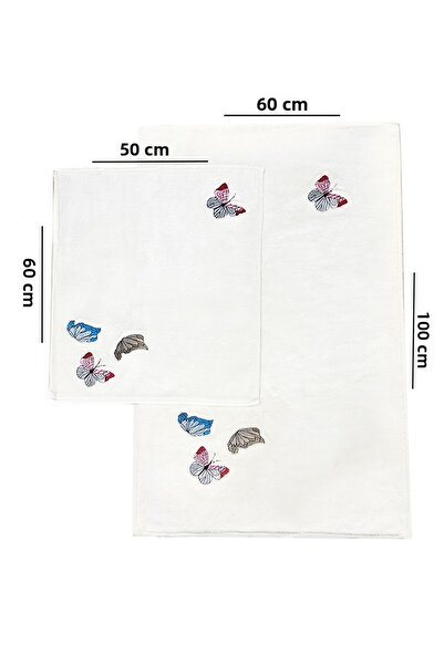 Chilai Home Beolle Ecru Embroidered 2-Piece 100% Cotton Bath Rug Set, Washable