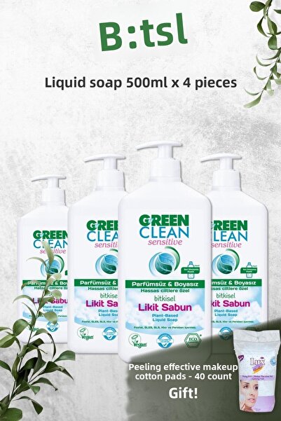 Green Clean Organic Unscented Liquid Sensitive Soap 500 ML x 4 Pieces and Gift