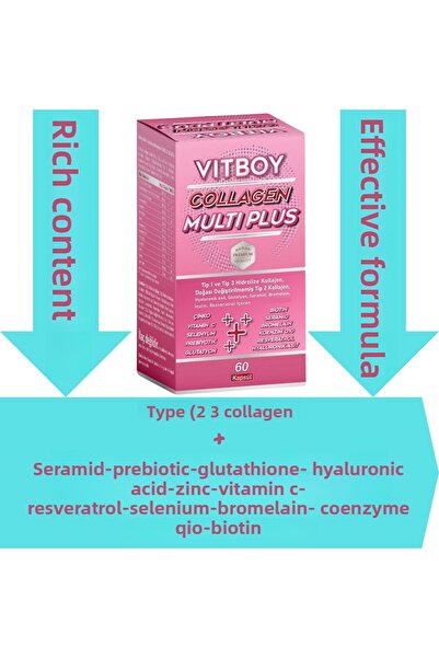 Vitboy Hydrolyzed Collagen Multi Plus 60 Capsules + Prebiotic, Bromelain, Glutathione, Ceramide, Zinc, Biotin