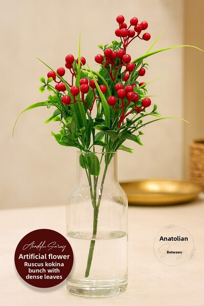 Anadolu Saray New Year's Special Artificial Flower Branch with Dense Leaves Ruscus Kokina Bunch Red Green Decorative