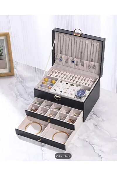 AuraStile صندوق مجوهرات فاخر مستورد بثلاث طبقات - منظم للقلادات والأقراط والخ...