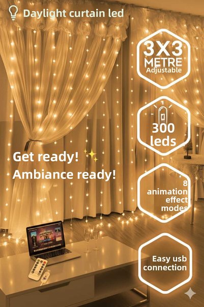Canderel Cortină LED USB cu telecomandă, 3mx3m (300 cm x 300 cm), 8 moduri di...