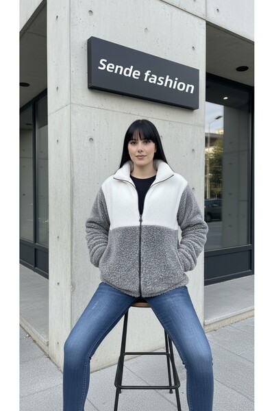 modasende Women's Color Block Plush Jacket Thick Regular Cut Zipper Closure