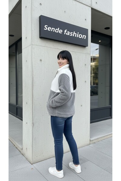 modasende Women's Color Block Plush Jacket Thick Regular Cut Zipper Closure