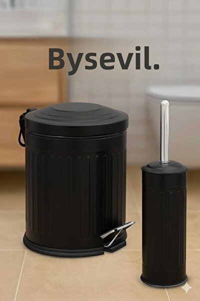 BySevil طقم حمام مكون من سلة مهملات سوداء عتيقة مكونة من قطعتين، طراز مخطط سعة 5 لتر ومجموعة فرشاة مرحاض