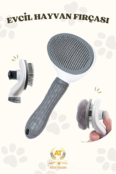 ALİN Automatic Cleaning Buttoned Pet Brush Cat Dog Hair Collector Comb Gray