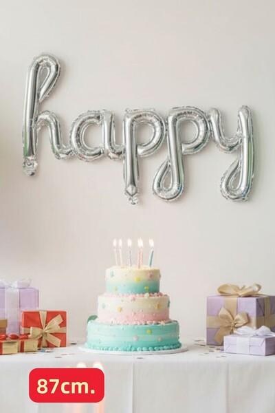 Baloncu Nene بالون فويل فضي مكتوب عليه Happy، بالون فويل مكتوب عليه Happy يدو...