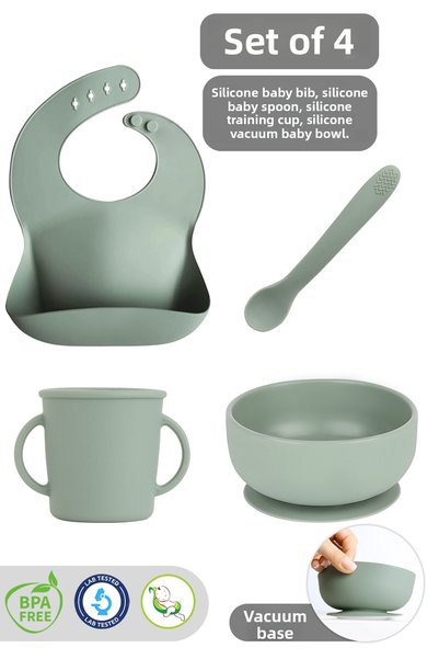 Meleni Baby 4-Piece Silicone Baby Feeding Set - Vacuum Bowl - Baby Bib - Cup ...