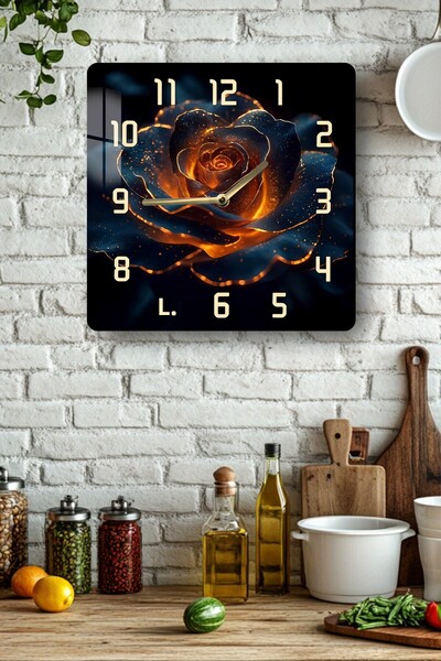 kutuTR Flaming Rose Themed Tempered Glass Square Clock 33X33 cm Size Uv Printing- Kcs097