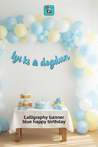 Bunloon Banner de caligrafie Albastru La mulți ani – 135 cm Scriere pentru pe...