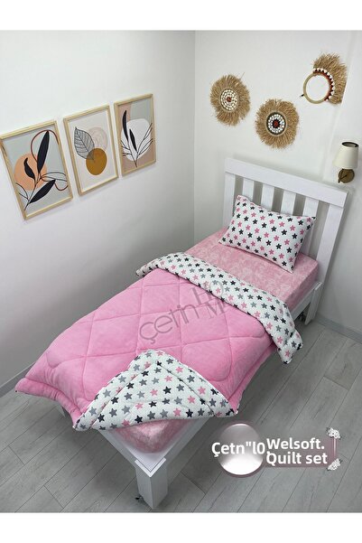 Çetinhome Single Reversible Welsoft Quilt with Pillow Case Soft Surface 155x215cm Star Pink