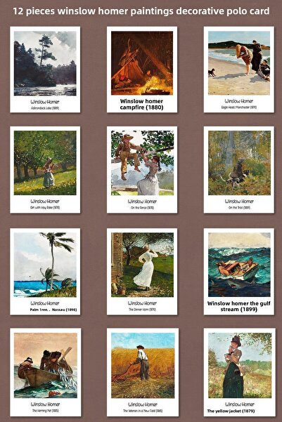 Runrux لوحات وينسلو هومر 12 بطاقة بولو مزخرفة - بطاقات ملصقات فنية
